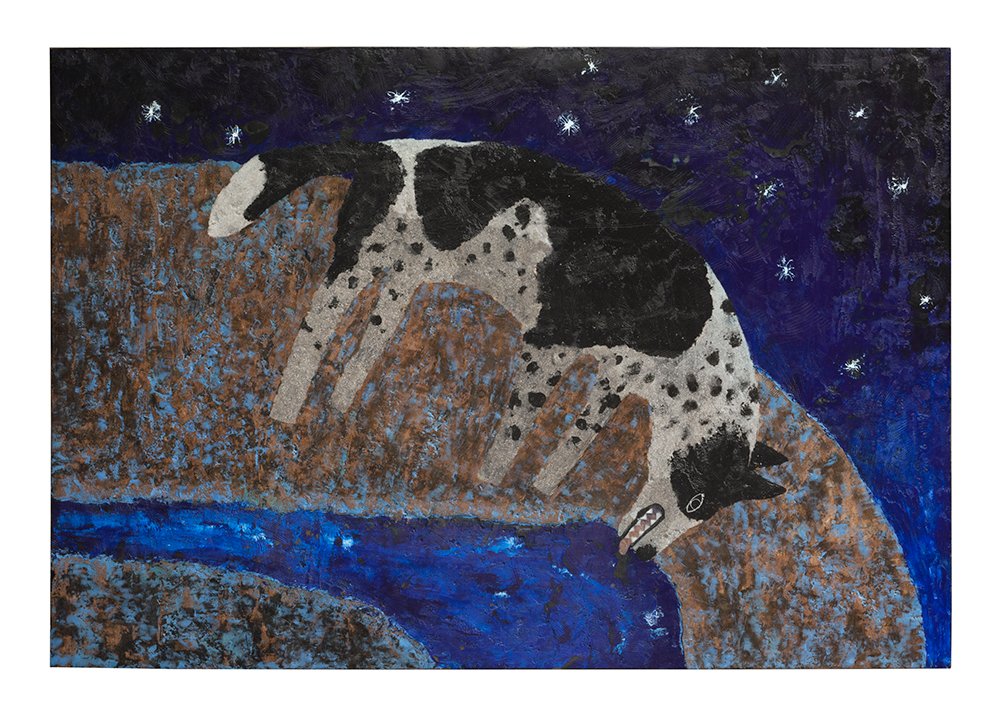 painting by andrew stumpfel of a dog drinking stars