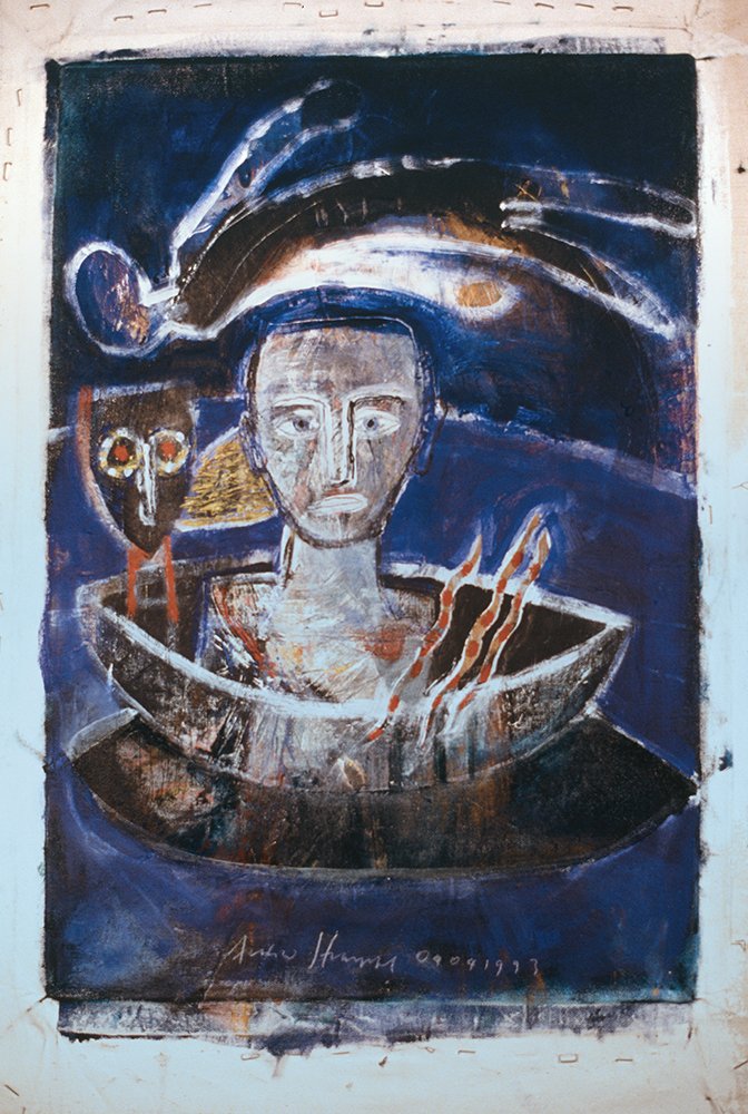 painting of owl and snakes in a boat by andrew stumpfel